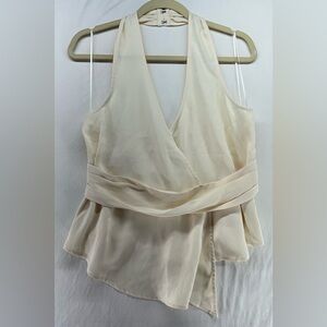 Open Edit Faux Wrap Halter Blouse Ivory Cream Draped Peplum Top Satin Women’s M